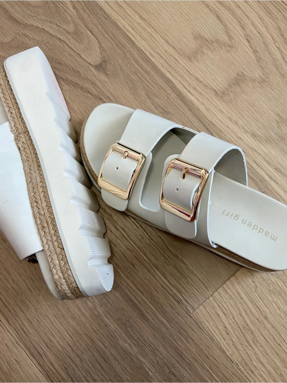 Madden Girl White Double-Strap Slide Sandals with Gold Buckles size 7 1/2 easyon